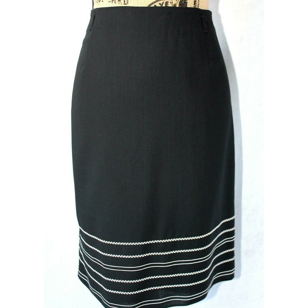 Ann Taylor LOFT Pencil Skirt 6 Black Off White Embroider Leaf Stripe Wool Bl